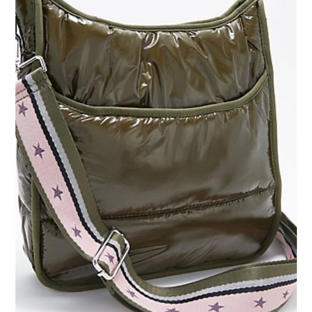 Ah-dorned army/olive green and pink  puffy quilted purse